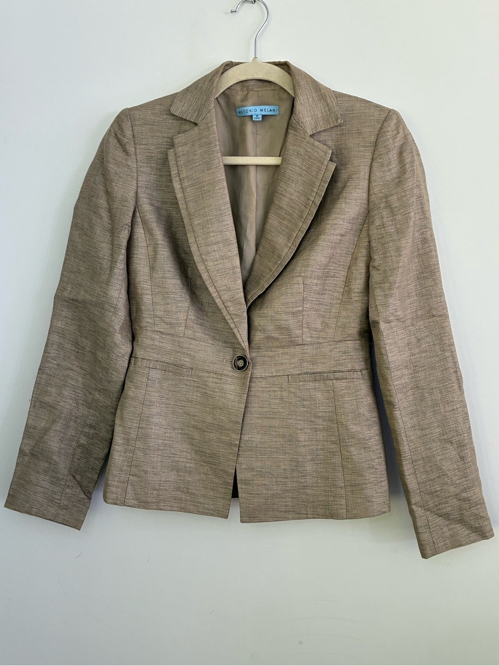 Antonio Melani Tan Textured Single-Button Blazer Jacket Neutral Workwear 0